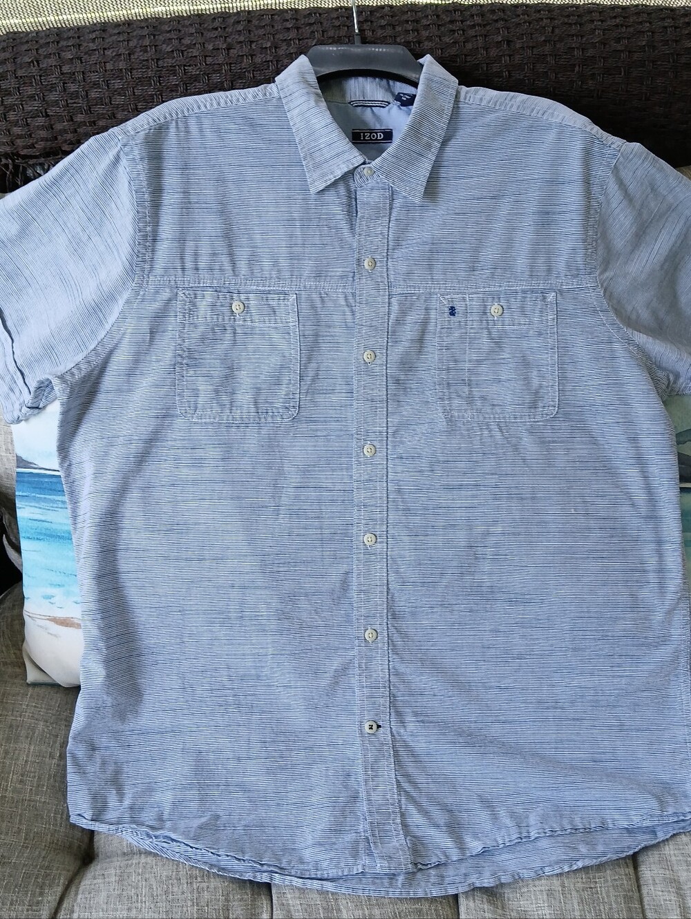 Izod Blue Cotton Summer Shirt Button Down White Woven Stripe Sz XL